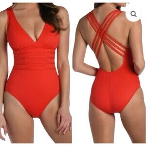 La Blanca Standard Island Goddess Multi Strap One Piece Red Swimsuit Sz 12 New